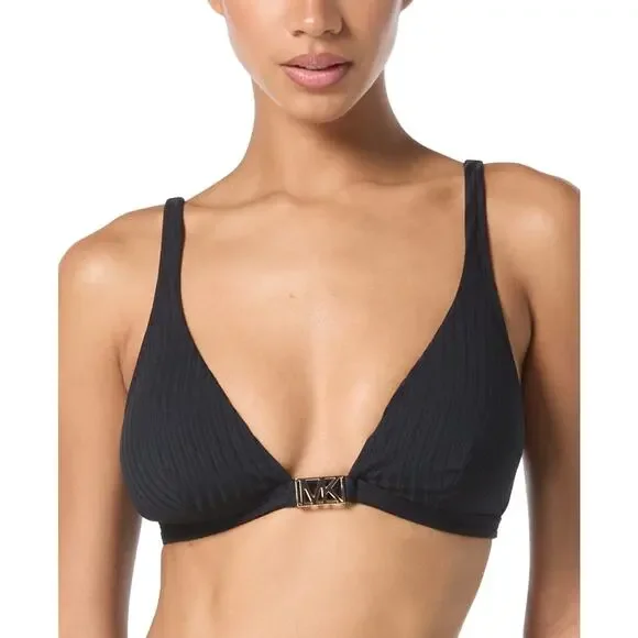 MICHAEL Michael Kors Women's Ribbed Hardware V-Neck Bikini Top Black Size M 2482