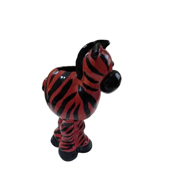 Red and Black Zebra Ceramic Planter Vase Whimsical Animal‎ Decor 10 Inch
