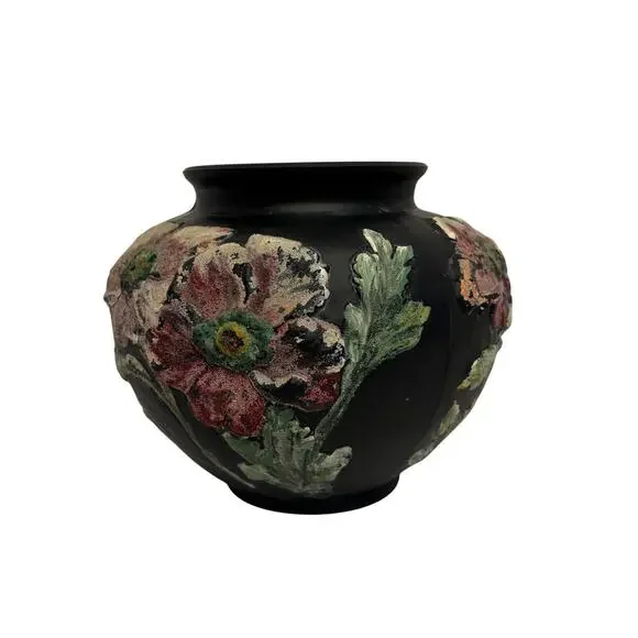 VTG Tiffin glass black satin vase. hand painted raised flowers. No markings