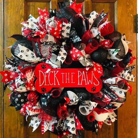 Festive Red and Black Dog-Themed Wreath