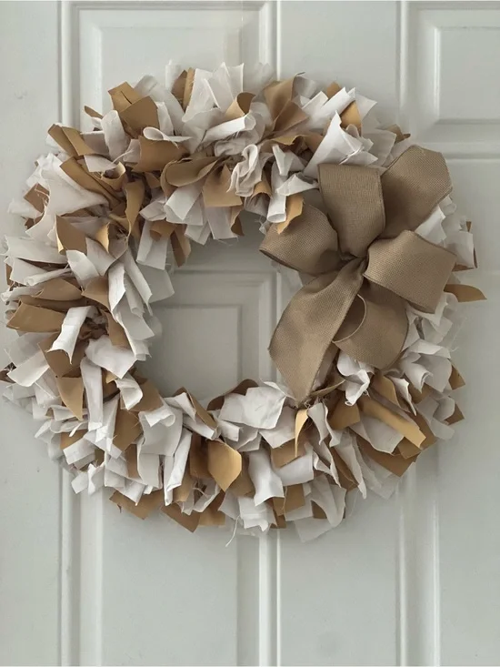 Neutral White and Tan Fabric Holiday Wreath with Bow