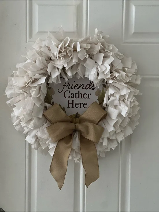 Cream country Farmhouse rustic Wreath with Tan Bow - 'Friends Gather Here'