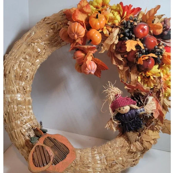 Scarecrow Halloween Wreath Vintage Straw 90 Fall Autumn Harvest Festival Pumpkin