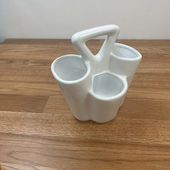 White Ceramic 4 Section Paintbrush Caddy Utensils Silverware Makeup Brush Holder