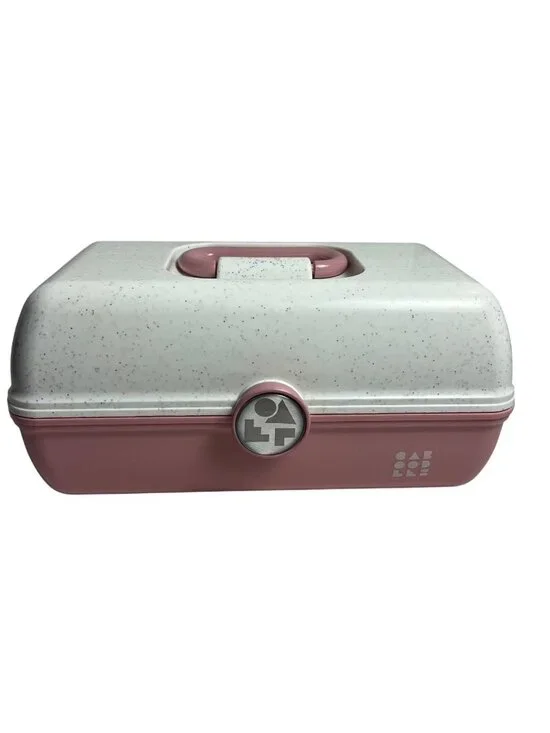 Vintage Caboodles Large Pink & White Speckled Makeup With Fold-Out Tray & Mirror