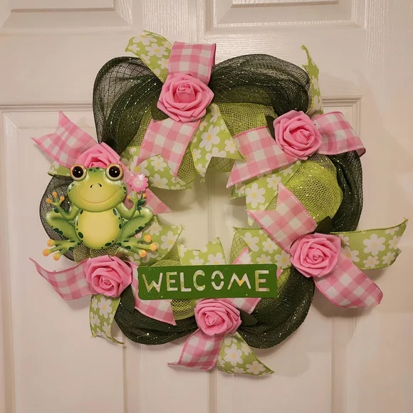 Frog Wreath , Welcome Wreath For Spring & Summer
