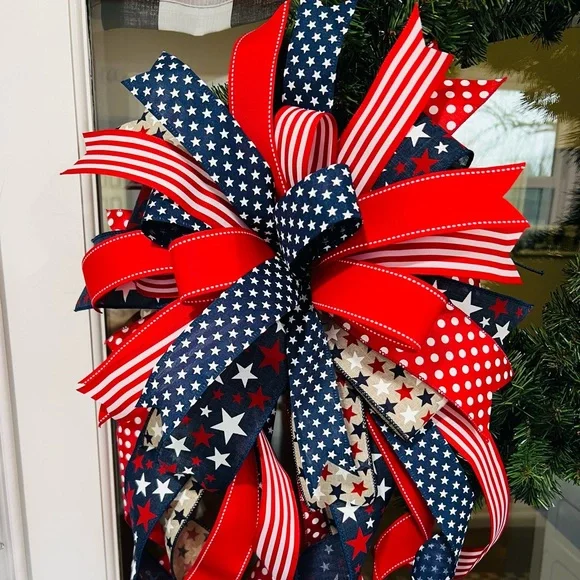 XL Patriotic Red, Navy & White Ribbon Bow Wreath Accent Handmade