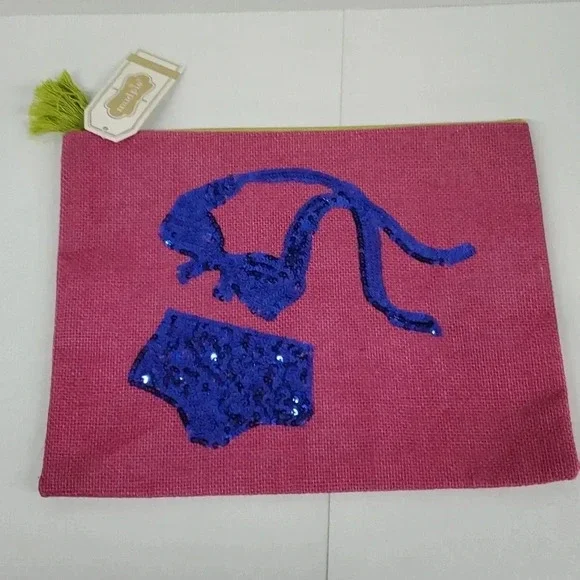 Mud Pie Sequin Bikini Dazzle Carry All Case Swimsuit, Pink NWT