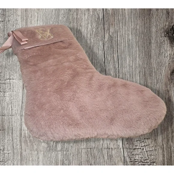 VICTORIA'S SECRET FAUX FUR CHRISTMAS STOCKING BLUSH PINK MAUVE GOLD TRIM NWT