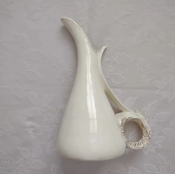 Signed 1961 Vintage Porcelain Gold Trim Elongated Spout Handle Pitcher