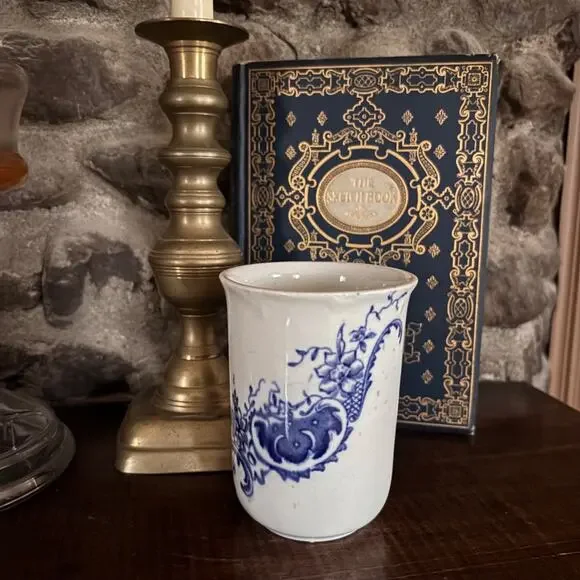 Antique Flow Blue Vanity Cup/Vase Victorian Floral Transferware Unmarked 4.5