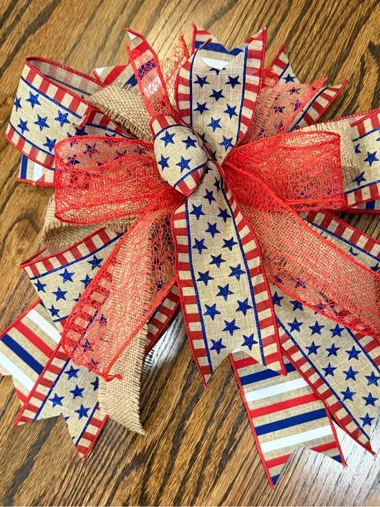 Patriotic Burlap & Ribbon Wreath Bow - Red, Blue, Natural