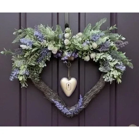Heart Shaped Lavender Wreath with Gold Lock Key Floral Cottage Purple Decor New