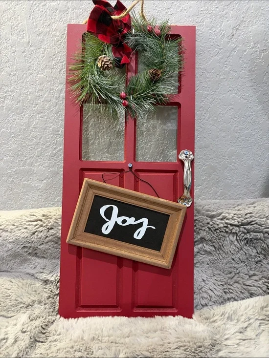 Festive Red Holiday Door Panel with 'Joy' Chalkboard Sign