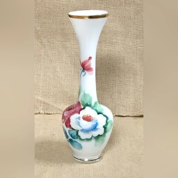 Vintage White Floral Glass Vase Hand Painted Grandma Cottage Core Romance