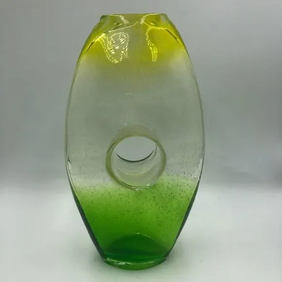 Vintage Ombre Yellow Green Clear Handblown Glass Tabletop Art Vase Décor Indoor