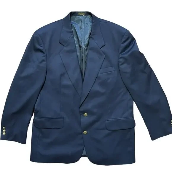 VTG OSCAR DE LA RENTA 100% Wool Gold Button Suit Jacket Blazer in Navy SZ 44
