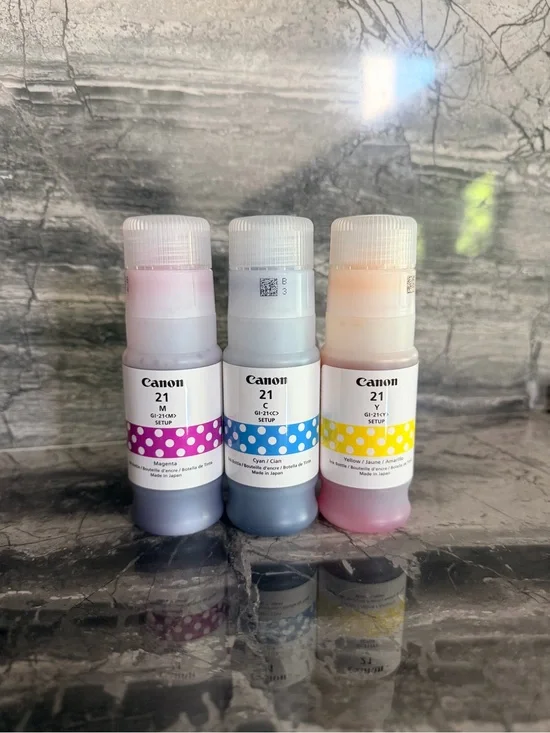 Canon Megatank Ink Trio in Magenta (21-M), Cyan (21-C), & Yellow (21-Y)