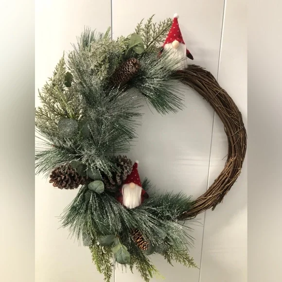 Handmade Grapevine Gnome Wreath Faux Evergreens Pinecone Flocked Snow Christmas