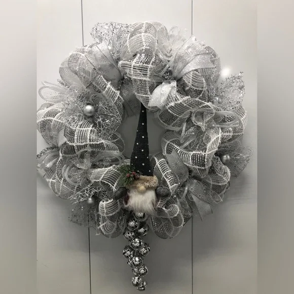 Handmade Gnome Deco Mesh Wreath Silver White Grey Bells Winter Christmas Snow