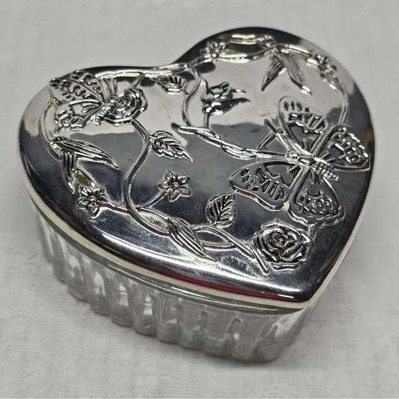 Vintage Silver Plated Butterfly Floral Lid Heart Shaped Glass Trinket Box