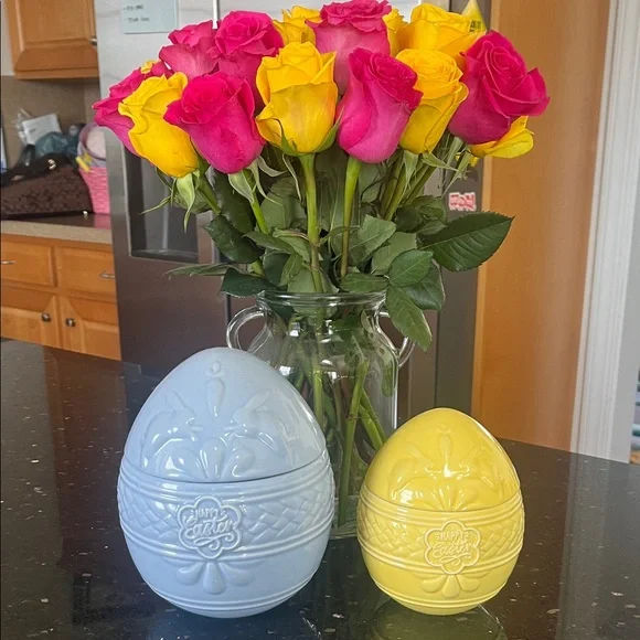 Set of Ceramic Decorative Egg Canisters in Yellow and Light Blue - Home Accents