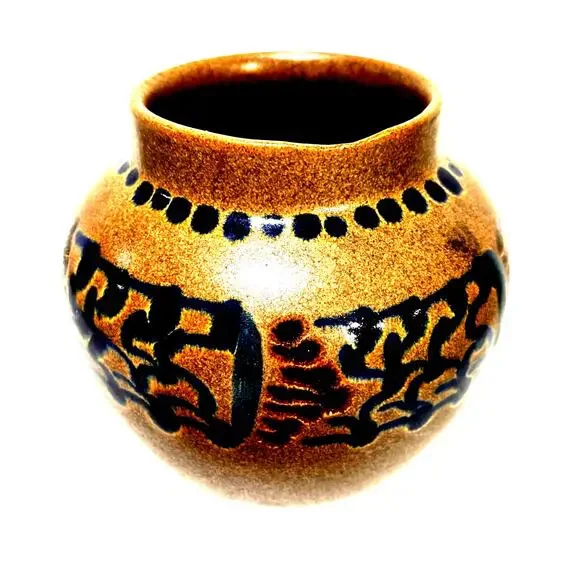 Vintage VEB Haldensleben Germany Stoneware Pottery Vase Cobalt Blue & Caramel