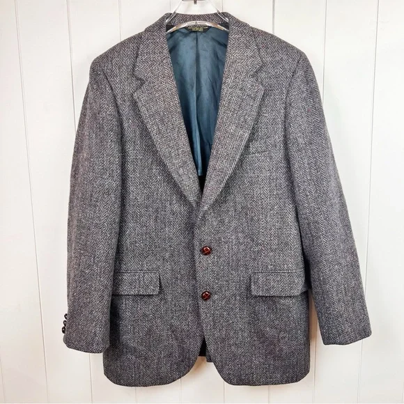Harris Tweed‎ Vtg Mens Gray 100% Scottish Wool Sport Coat Blazer Herringbone