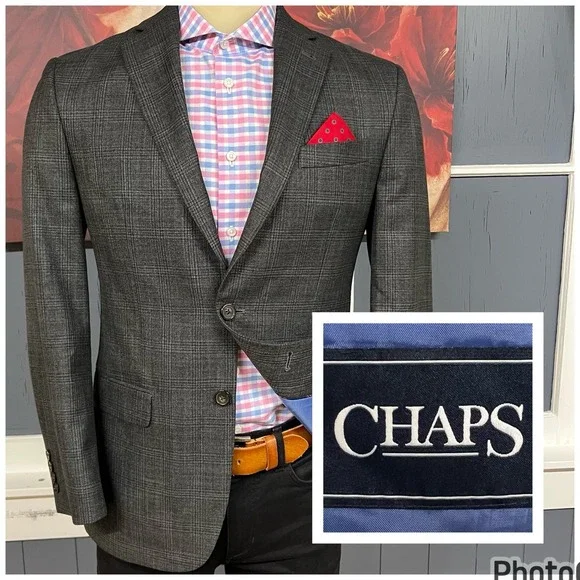 Chaps Blazer Jacket Sport Coat Mens 38R Rayon Polyester Jersey Dark Gray