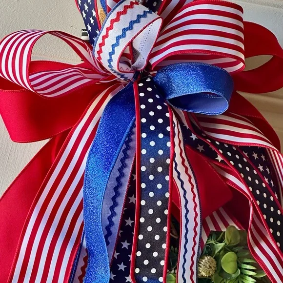 Patriotic Red, White, and Blue Holiday Bow; Custom Handmade Bow