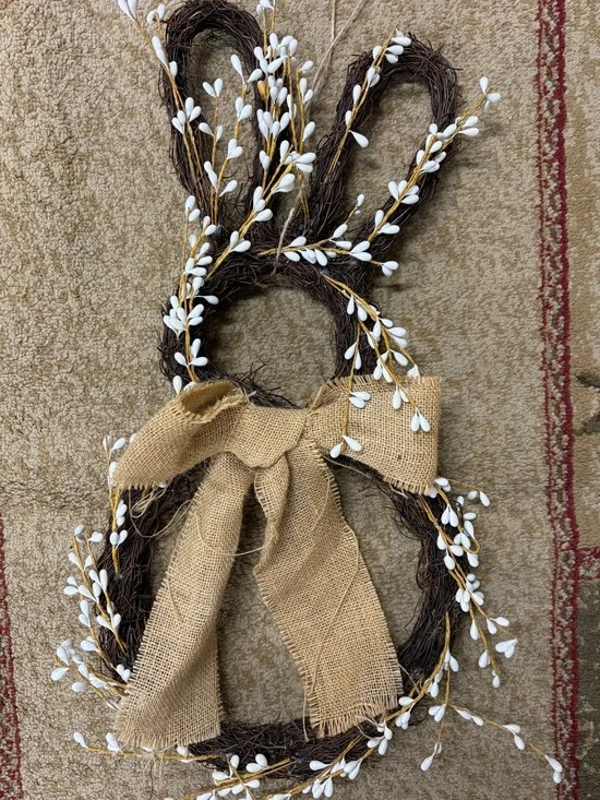 Bunny Wreath with Burlap Bow and White Berry Accents