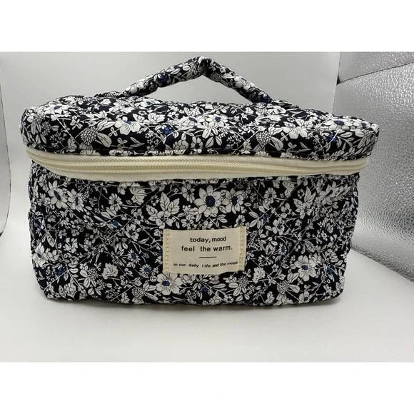 Floral Quilted Travel‎ Cosmetic Bag Makeup Toiletry Organizer Zipper Handle Case