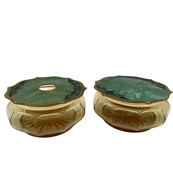 Art Deco Amber Glass Vanity Jar Set with Green Celluloid Lids