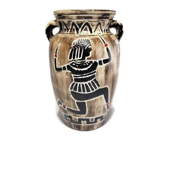 Vintage Motif Vase Egyptian Pharaoh Art Pottery Clay Earthenware 9