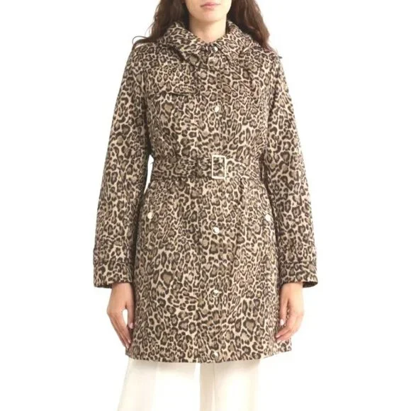 Michael Kors Womens Brown Leopard Zip Water Resistant Mid Trench Coat Sz L New