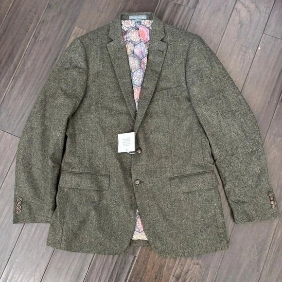 NWT Indochino Wool Blazer Olive Green with Floral Paisley Interior Yaletown 52