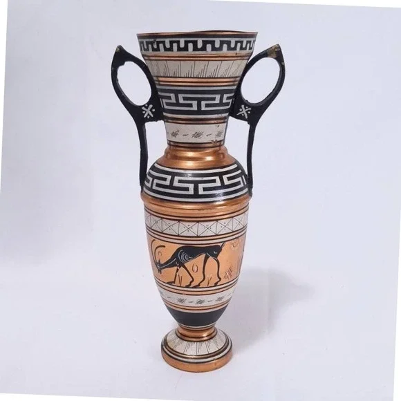 Vintage Greek Copper Vase Urn Amphora Double Handle Hand Painted‎ Deer, 9