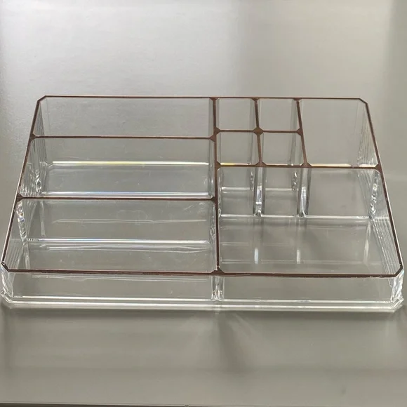 Large Clear Acrylic Makeup or Desk Organizer with Rose Gold Accents 11