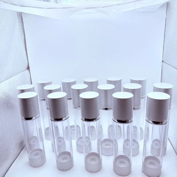 Lot of 15 Clear Airless Pump Bottles Silver Caps 50ml Travel Size