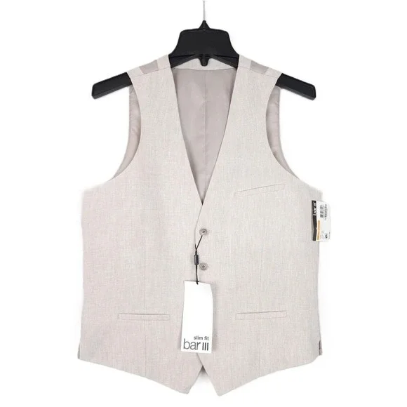 Bar III Mens Slim Fit Linen Suit Vest Sz Medium Light Tan Solid NWT