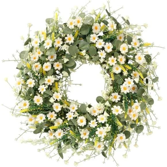 White Daisy Wreath 24 Inch Spring Summer Wreath Fake Silk Floral Wreath