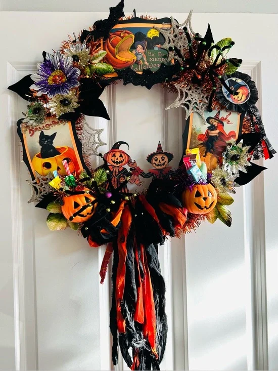 Vintage Repurposed Halloween Festive Holiday Wreath