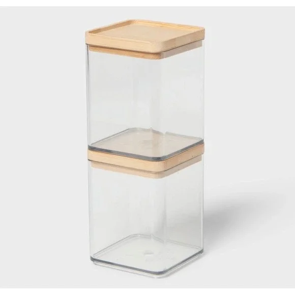 Minimalist Extra Small Clear Vanity Canister Bamboo Lid 2pk Stackable Brightroom