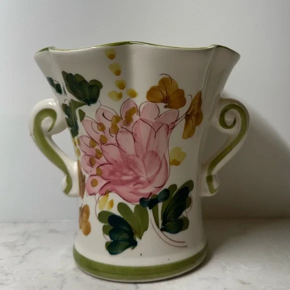 Vintage Hand-Painted Floral Ceramic Vase with Handles - Pink & Green
