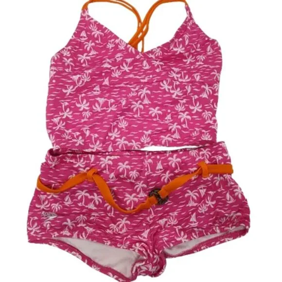 Speedo Tropical Breeze Girls Swimsuit 2 Piece Size 12 NWT Pink with White Palm
