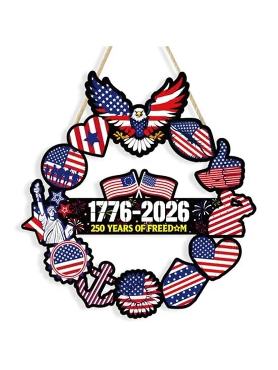 4th of July Door Wreath Wooden American Patriotic Hanging Sign Decor