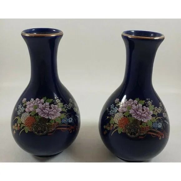 Vintage Set Kutani Japan Cobalt Blue Mini Floral Rickshaw Bud 5
