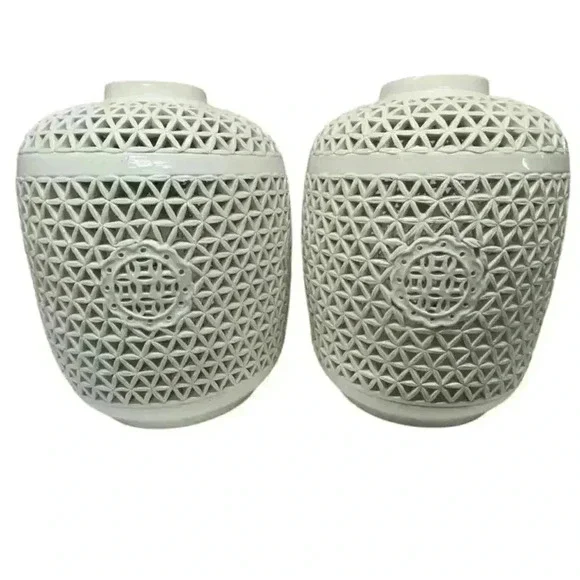 Pair of white majolica perforated Chinese Reticulated Porcelain Ceramic Vases