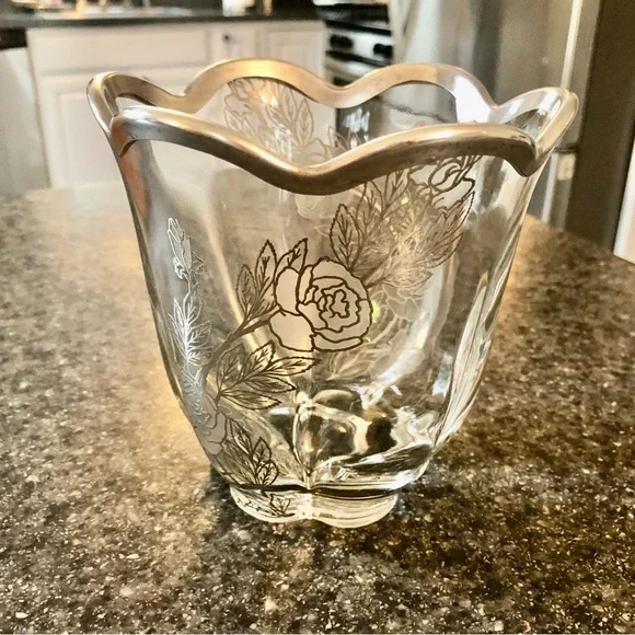 Vintage Vase edged in Sterling Silver with Sterling Silver Flowers
