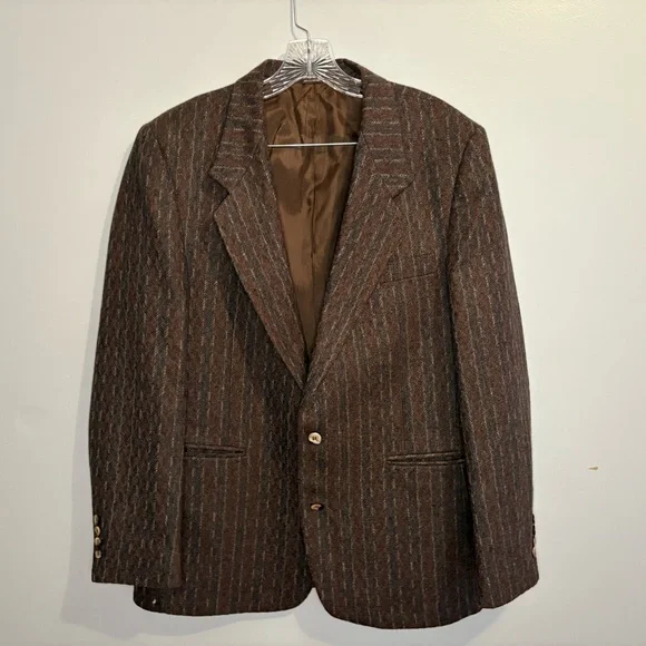 Vintage Men’s Blazer Brown Blue Striped Jacket Tweed Medium/Large Raffinati